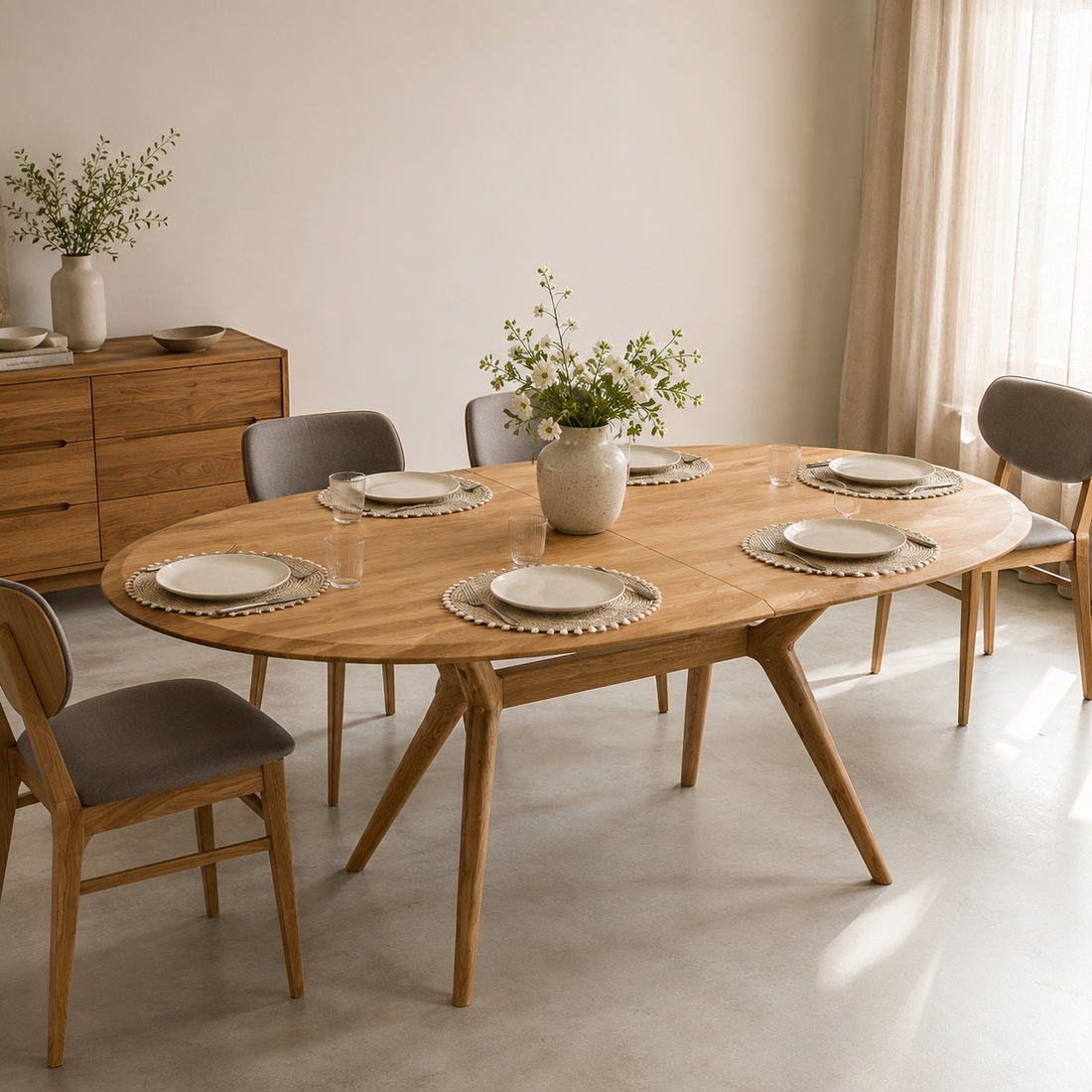 Table à manger extensible ovale Carmen en chêne massif dressée pour six couverts dans une salle à manger lumineuse