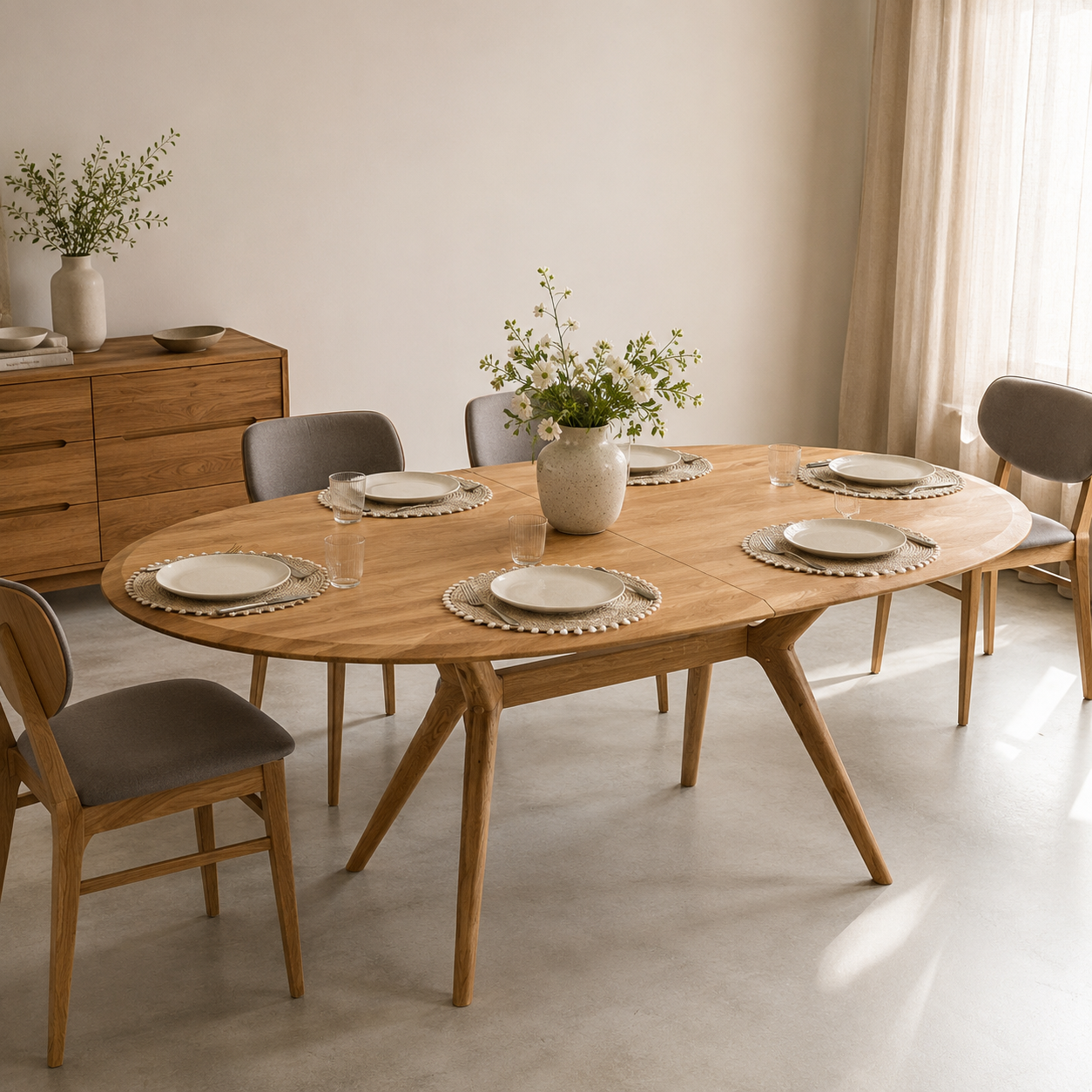 Table à manger extensible ovale Carmen en chêne massif dressée pour six couverts dans une salle à manger lumineuse