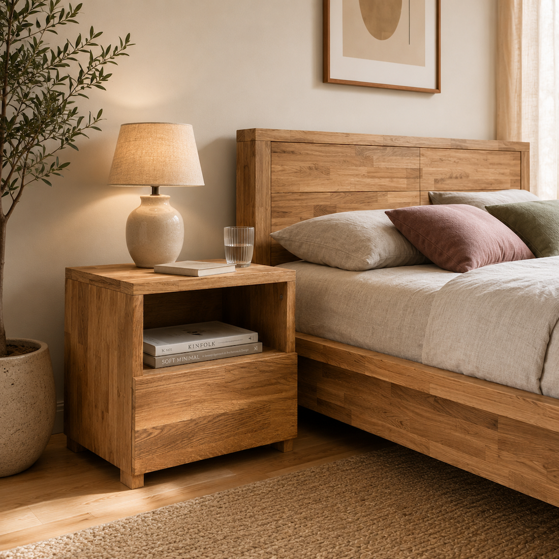 Table de chevet en chêne massif avec tiroir à côté d'un lit en bois