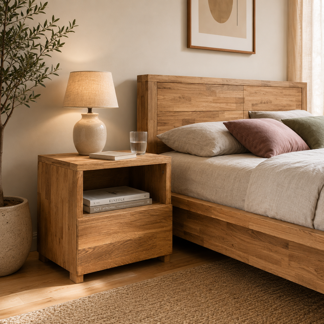 Table de chevet en chêne massif avec tiroir à côté d'un lit en bois