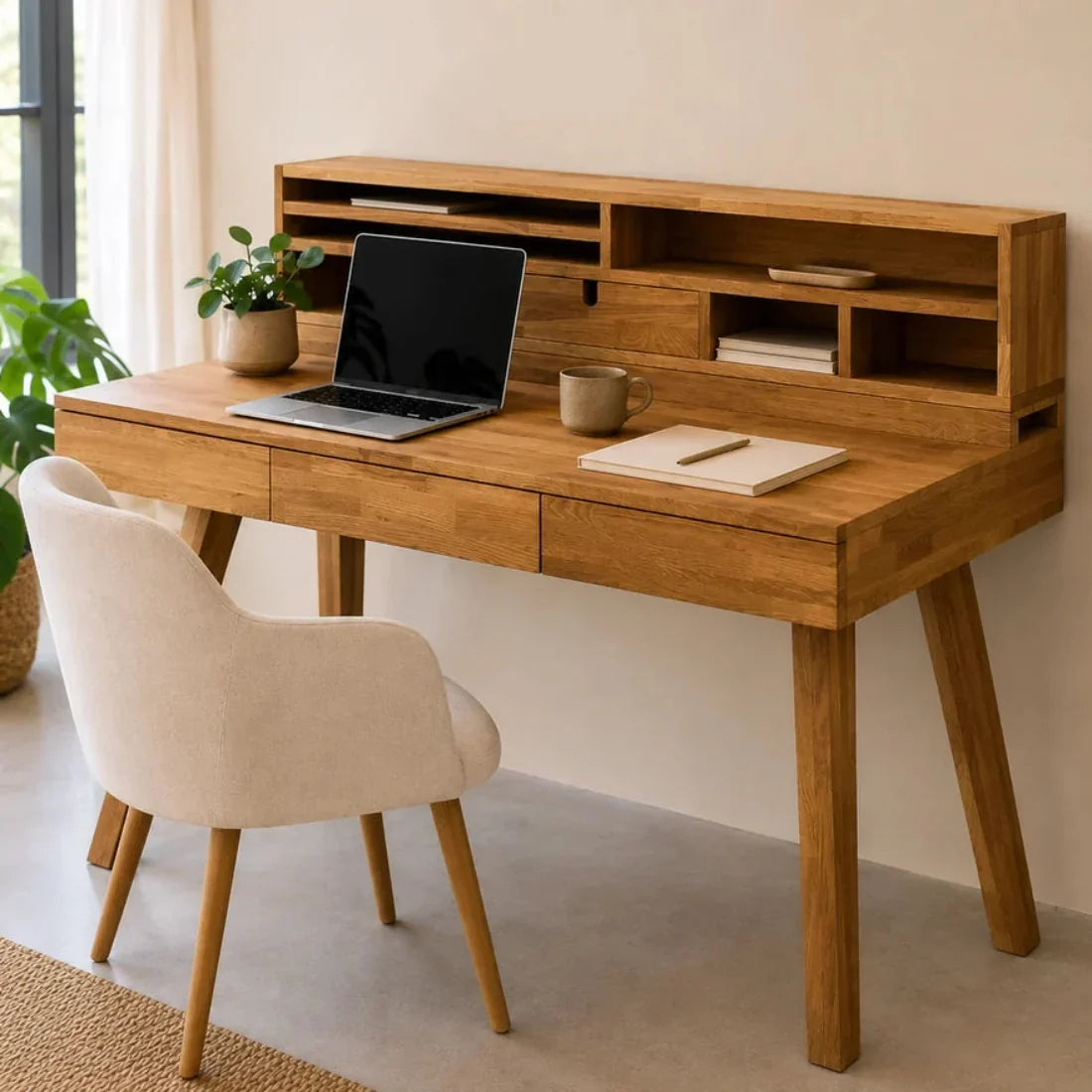 Bureau Einstein 2 en chêne massif avec rangement en hauteur installé dans une chambre lumineuse
