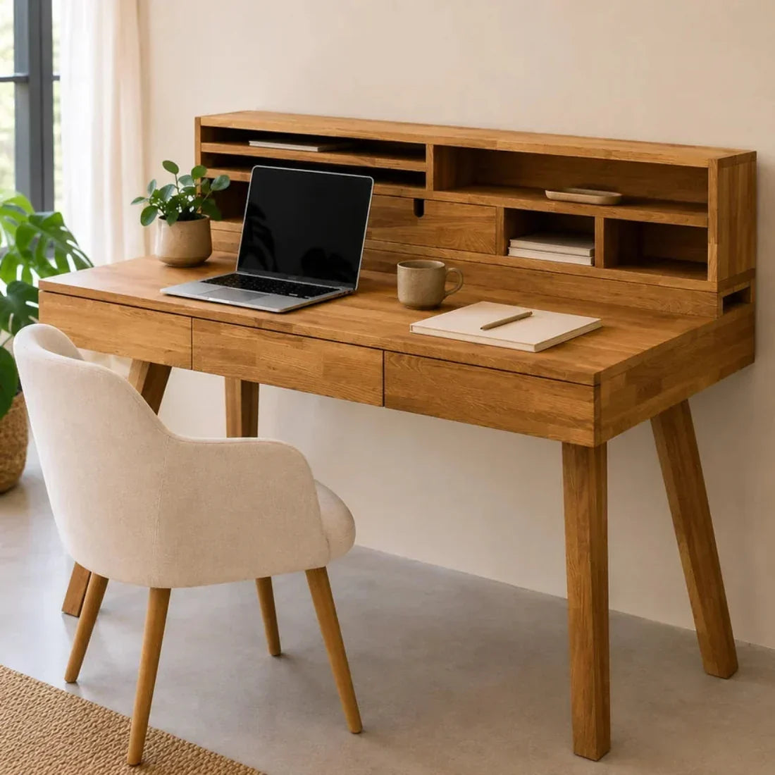 Bureau Einstein 2 en chêne massif avec rangement en hauteur installé dans une chambre lumineuse