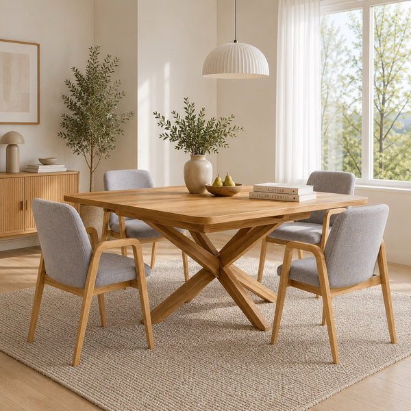 Chaise de salle à manger en bois massif de chêne Chill, revêtement en tissu Gris / Beige – Lot de 2 ou 4 chaises - VESKOR