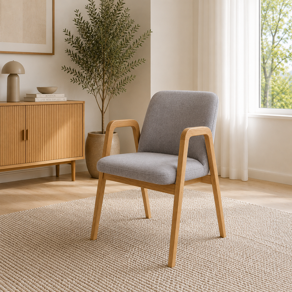 Chaise de salle à manger en bois massif de chêne Chill, revêtement en tissu Gris / Beige – Lot de 2 ou 4 chaises - VESKOR
