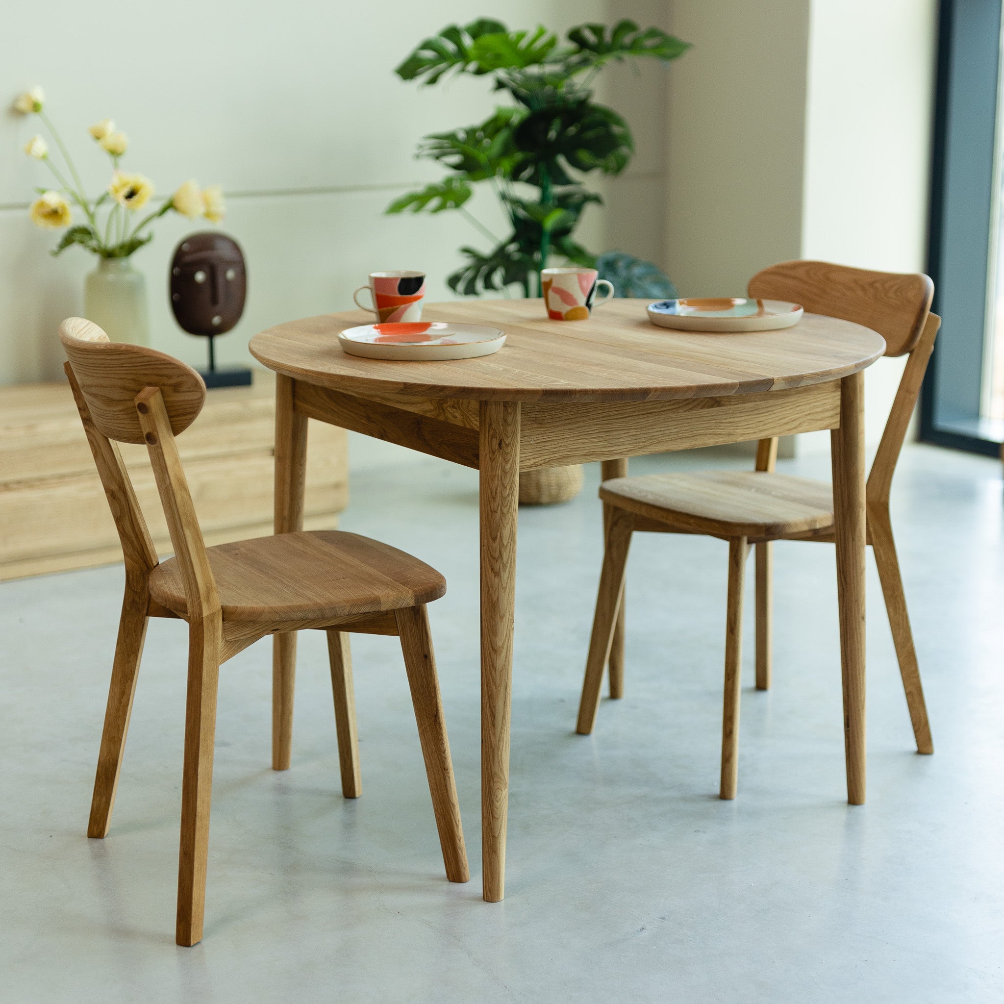 VESKOR Mesa de comedor extensible redonda Malmo madera maciza roble nórdica moderna
