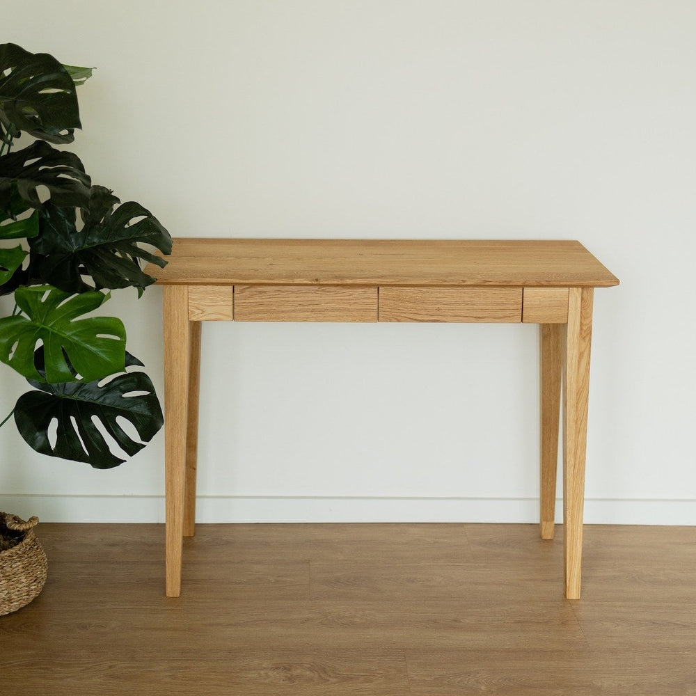 Bureau console avec 2 tiroirs en bois massif de chêne Tolédo 2 – 105 x 42 x 77,5 cm - NordicStory