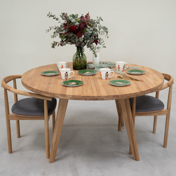 Table à manger ronde extensible en bois massif de chêne Léa – 120-170 x 120 x 76 cm / 140-190 x 140 x 76 cm - VESKOR