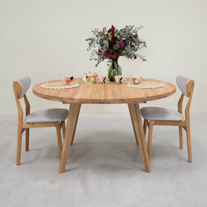 Table à manger ronde extensible en bois massif de chêne Léa – 120-170 x 120 x 76 cm / 140-190 x 140 x 76 cm - VESKOR