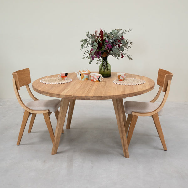 Table à manger ronde extensible en bois massif de chêne Léa – 120-170 x 120 x 76 cm / 140-190 x 140 x 76 cm - VESKOR
