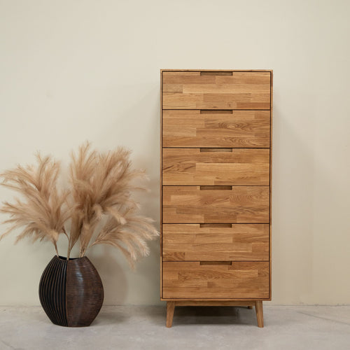 Chiffonnier en bois massif de chêne Escandi 6 – 60 x 45 x 139 cm - NordicStory