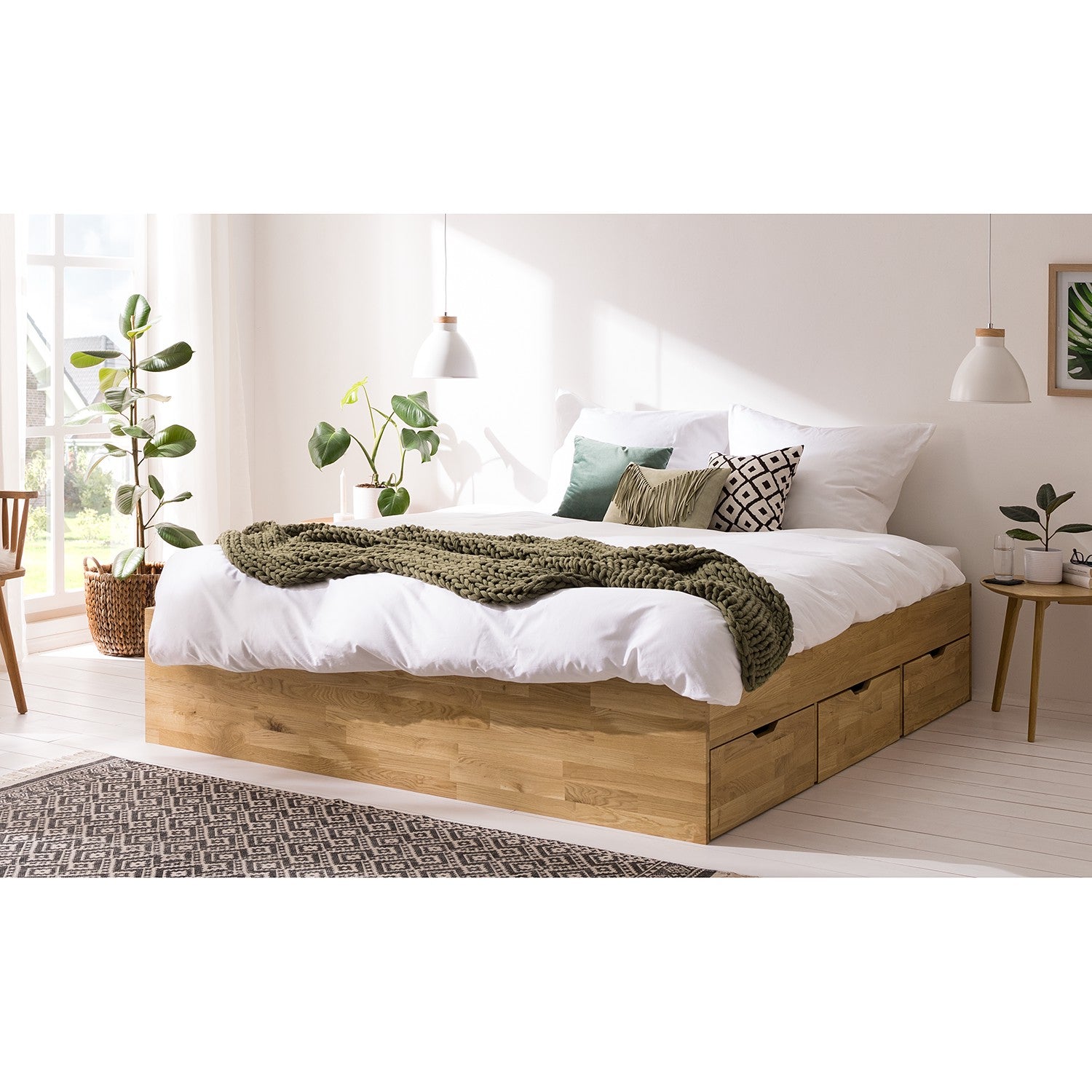 NordicStory Cama con almacenaje de madera maciza de roble