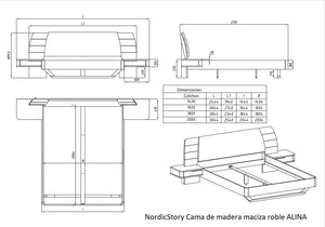 NordicStory Cama de madera maciza de roble "Alina" con cabezal y 2 mesitas de noche flotante