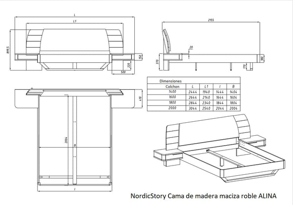 NordicStory Cama de madera maciza de roble "Alina" con cabezal y 2 mesitas de noche flotante
