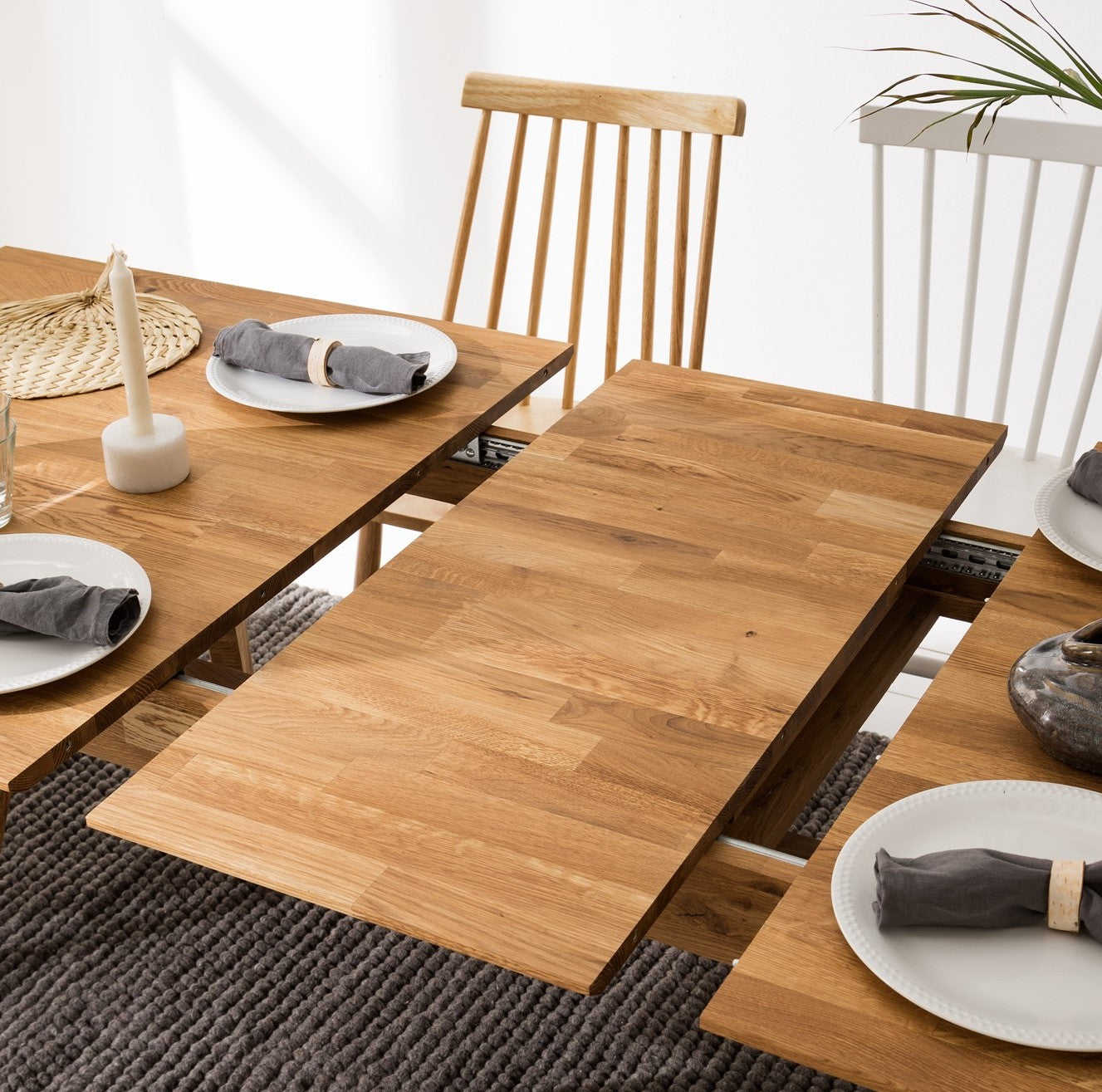 NordicStory Mesa de comedor rectangular y extensible de madera maciza de roble "Escandi"