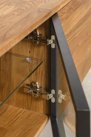 NordicStory Mueble de TV de madera maciza roble con patas de metal color negro Moritz