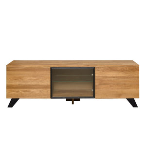 NordicStory Mueble de TV de madera maciza roble con patas de metal color negro Moritz